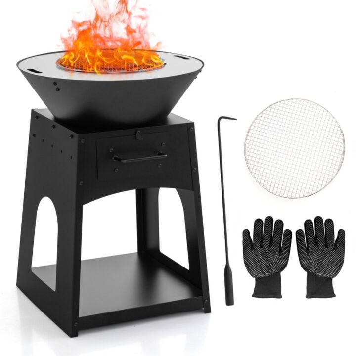 Hivvago Patio Fire Pit with Firewood Log Rack with Grill and Ash Box