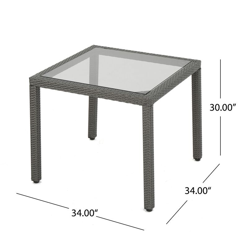 Yuzu Outdoor Dining Table, 34 Inch Square Glass Top, Gray Faux Wicker - Benzara