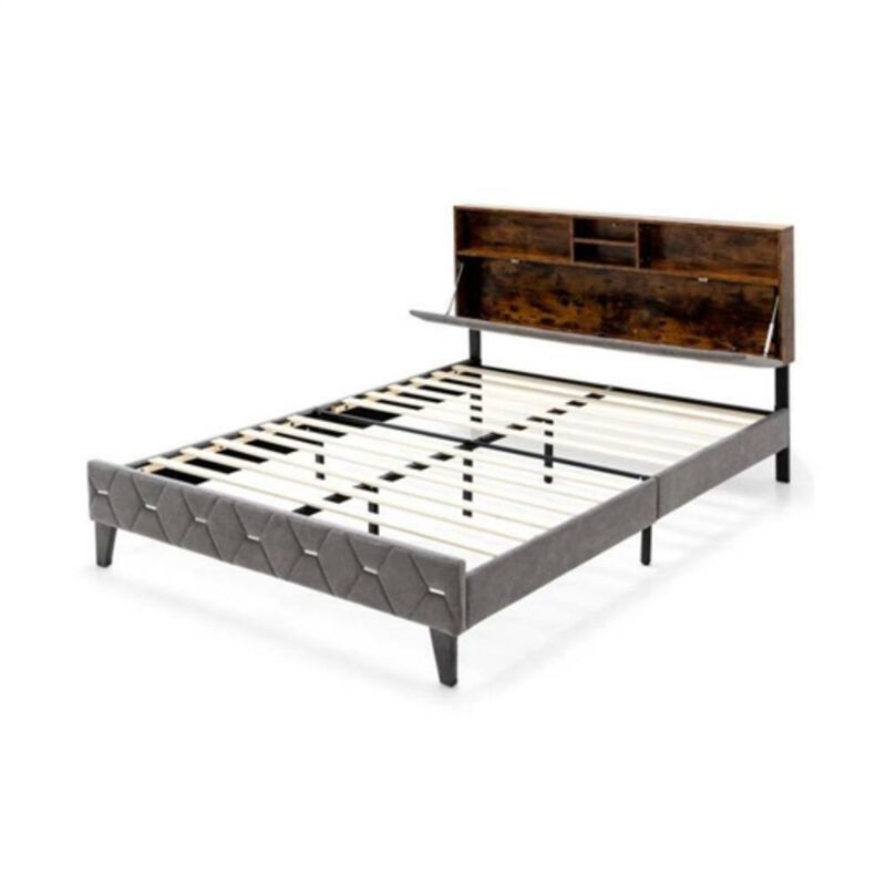 Hivvago Full Size Velvet Upholstered Open/Close Storage Headboard Platform Bed