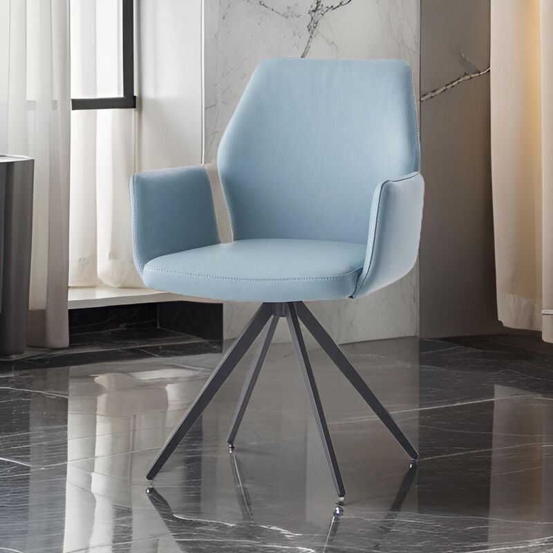 24 Inch Swivel Side Chair, Light Blue Leather Upholstery, Black Legs - Benzara