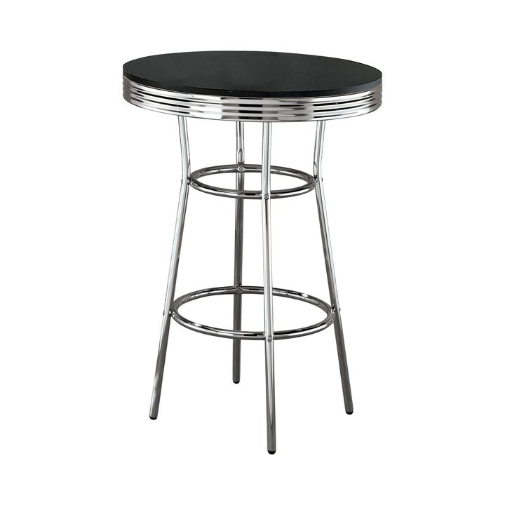 42 Inch Round Bar Table, Ribbed Apron, Glossy Black Lacquer, Retro Style - Benzara