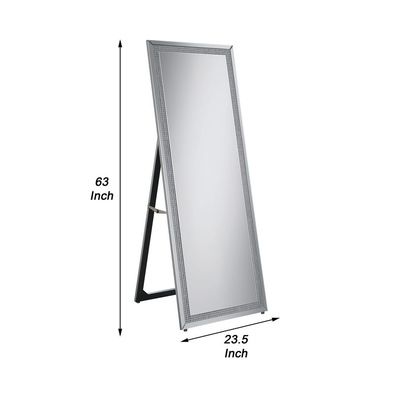 Cheval Mirror with Rhinestone Inlay and Easel Back, Silver-Benzara