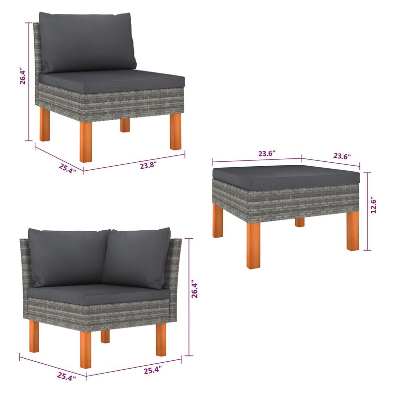 Casey Outdoor 6pc Modular Lounge Sofa Set, Gray Rattan, Solid Wood - Benzara