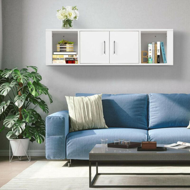 Hivvago Wall Mounted Floating 2 Door Desk Hutch Storage Shelves