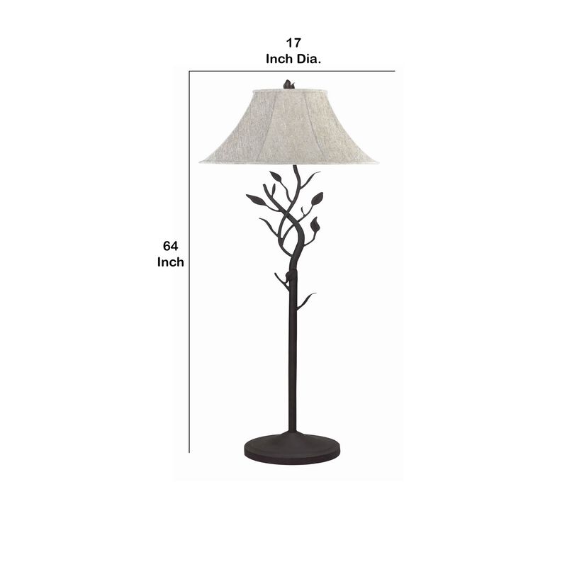 Metal Floor Lamp with Leaf Accent Body and Fabric Bell Shade,Black and Gray-Benzara