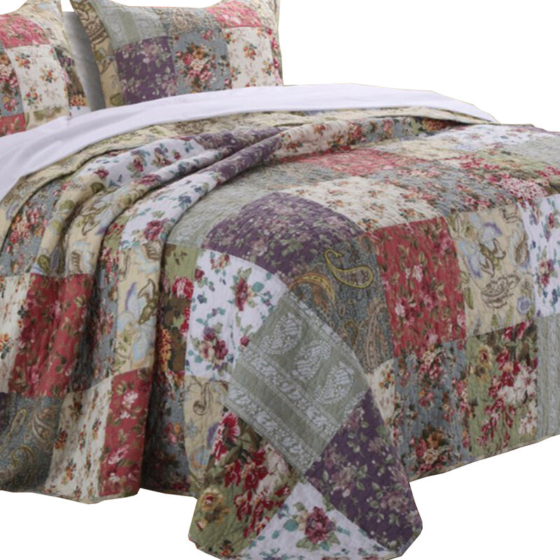 Chicago 3 Piece Fabric Full Bedspread Set with Jacobean Prints, Multicolor - Benzara
