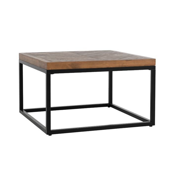 Nat 30 Inch Solid Wood Square Coffee Table, Herringbone, Brown, Black-Benzara