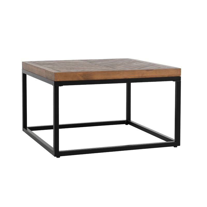Nat 30 Inch Solid Wood Square Coffee Table, Herringbone, Brown, Black-Benzara