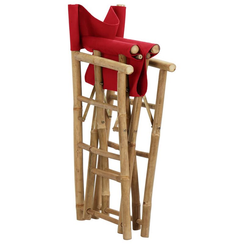 Outdoor Foldable Accent Chair Set of 2, Red Fabric, Brown Bamboo - Benzara