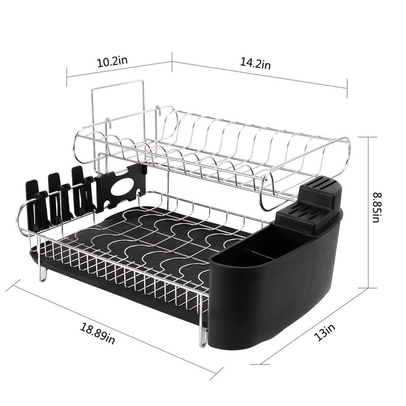 2 Tier Stainless Steel High Capacity Dish Drying Rack Set Kitchen Black
