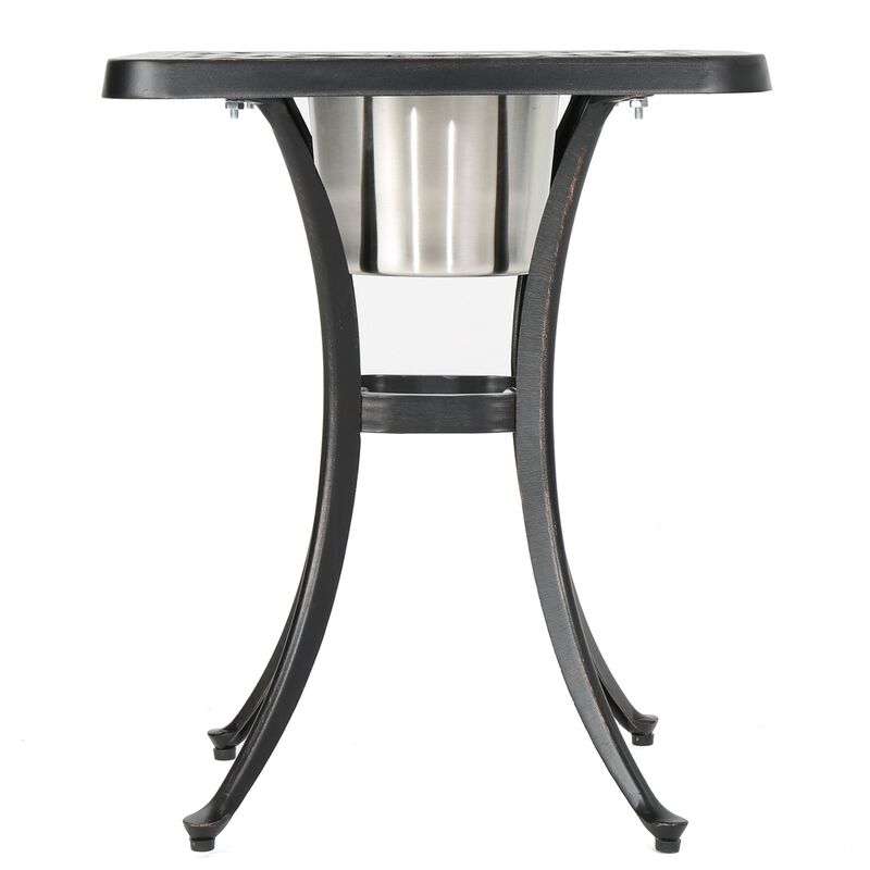 Outdoor Bistro Square Table with Built-In Ice Bucket, 21 Inch, Copper - Benzara