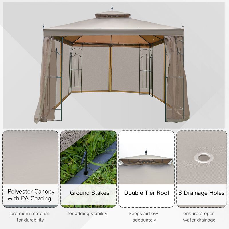 Brown Outdoor Haven: 10x10 Steel Patio Gazebo with Mesh Curtains