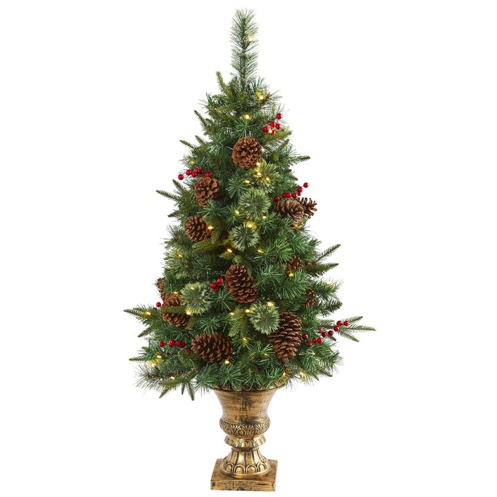 Nearly Natural 4-ft Pine, Pinecone and Berries Artificial Christmas Tree in Decorative Urn and 100 Lights