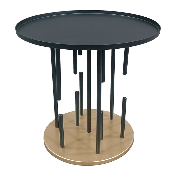 Neci 20 Inch Side End Table, Round Matte Black Tray Top, Modern Rod Supports with Brass Base - Benzara