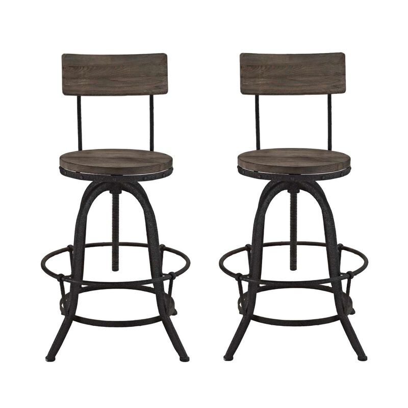 Modway Procure Rustic Farmhouse Pine Wood and Cast Iron Adjustable Height Two Bar Stools in Brown