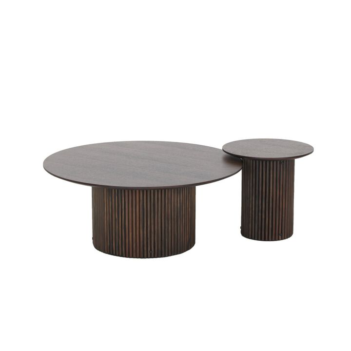 2 Piece Coffee Table and End Table Set, Round Top, Pedestal Base, Black - Benzara