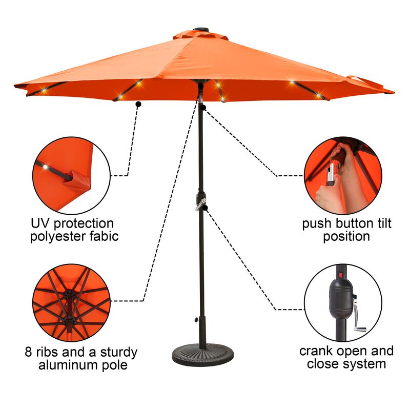Mondawe 9ft Patio Umbrella Outdoor Market 32 LED Solar Umbrella with Tilt and Crank