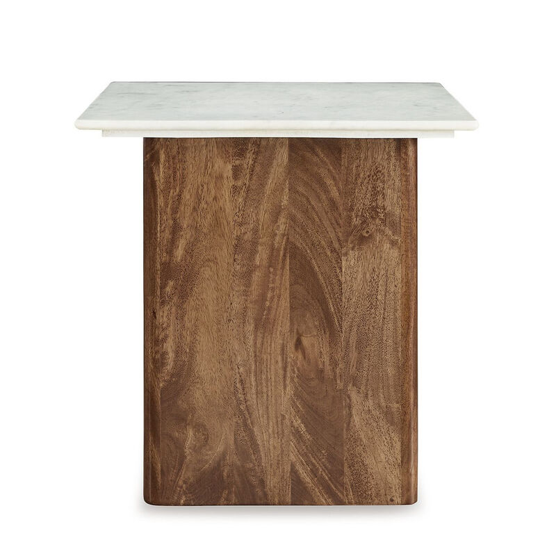 Wrenn Side End Table, Marble Top, 24 Inch Rectangular Brown Mango Wood - Benzara