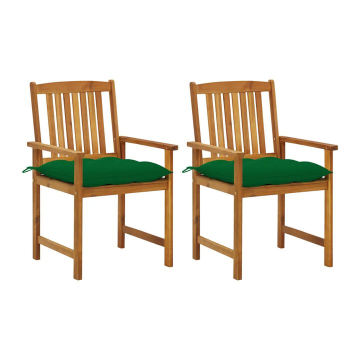 Blaire Outdoor Chair Set of 2, Green Fabric, Brown Solid Acacia Wood - Benzara