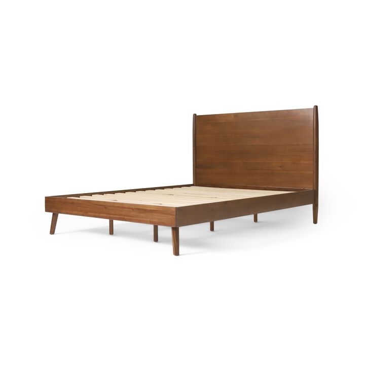 Ozzy Queen Size Bed, Panel Headboard Design, Rich Brown Acacia Wood - Benzara