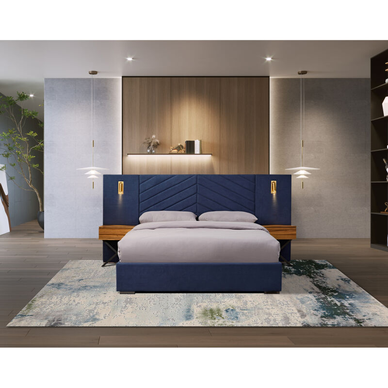 King Size Velvet Bed Frame/Vertical Channel Tufted Wingback Headboard/Upholstered Platform Bed/Strong Wooden Slats/No Box Spring Needed/Easy Assembly Royal blue