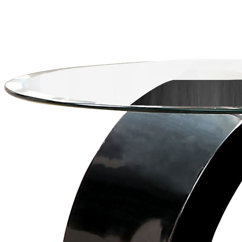 Contemporary Tempered Glass Top End Table with O Shape Base, Black-Benzara