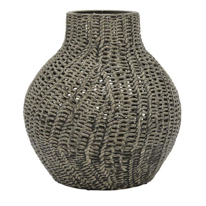 20 Inch Accent Vase with Mesh Like Design, Round, Gray Ceramic Finish - Benzara