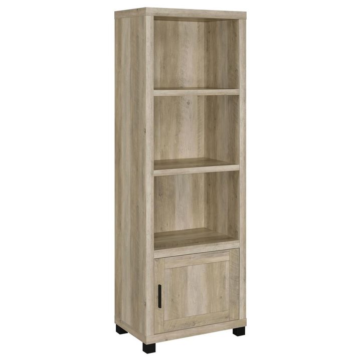 Sac 71 Inch Media Pier Tower with 3 Shelves and Cabinet, Antique Pine Wood - Benzara