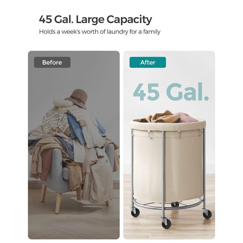 Laundry Basket with Wheels and Removable Bag, Steel Frame, 4 Casters and 2 Brakes