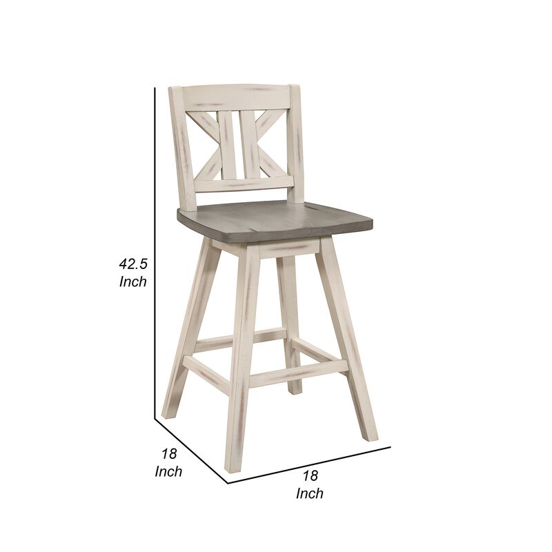 Ati 29 Inch Bar Height Stool Swivel Chairs Set of 2, Divided X Back, Gray, White - Benzara