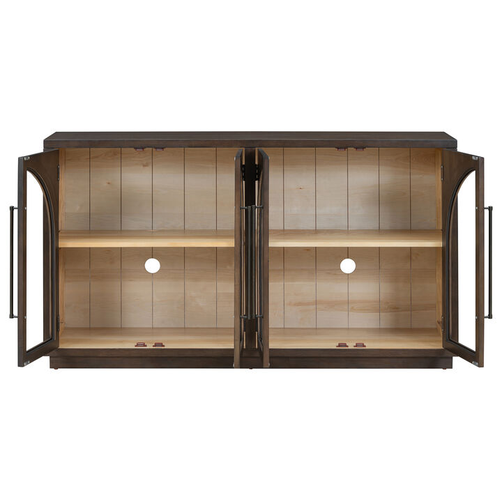 TREXM 4-Door Large Storage Sideboard Buffet Cabinet with Glass Doors, Arched Cabinet with Adjustable Shelves for Kitchen, Dining Room and Living Room (Natural Wood)