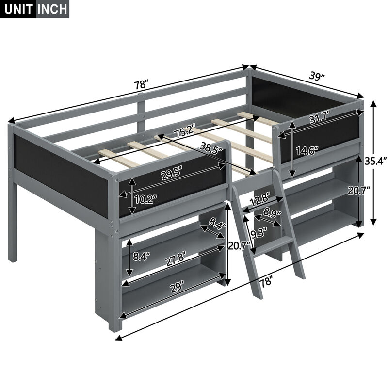 Twin Size Low Loft Bed With Two Movable Shelves And Ladder, With Decorative Guardrail Chalkboard