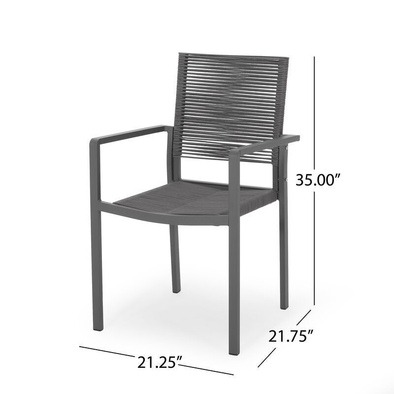 Teny Outdoor Dining Chair Set of 2, Open Back, Woven Rope, Dark Gray Metal - Benzara