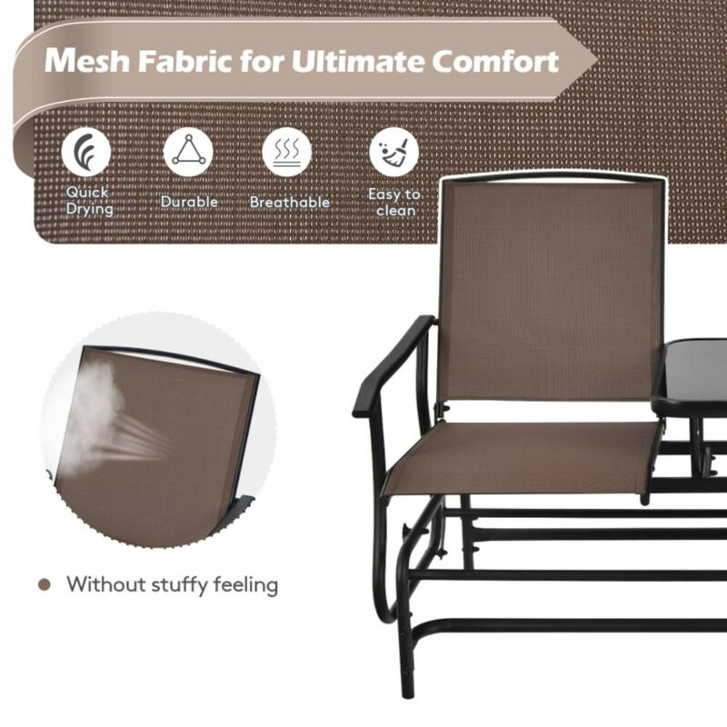 Hivvago 2-Person Double Rocking Loveseat with Mesh Fabric and Center Tempered Glass Table