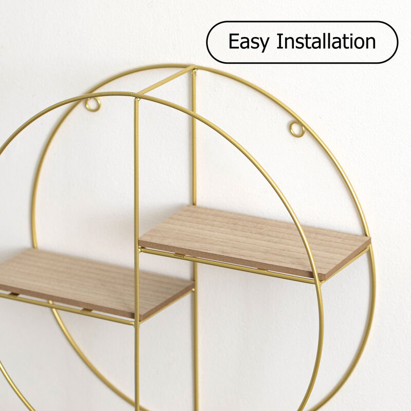 Vintiquewise Elegant 2-Tier Decorative Floating Circular Silhouette Wall Shelf - Circular Metal and Wood Wall-Mounted Shelf for Entryway, Bathroom, Bedroom, and Living Room Decor, Gold Finish