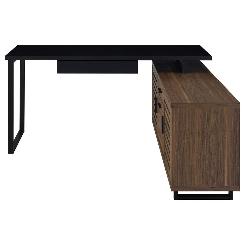 Doxx L Shape Computer Desk, 2 Doors Drawers Black Metal, Walnut Wood - Benzara