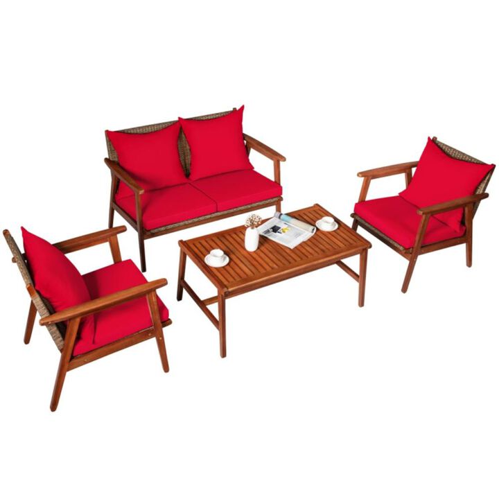 Hivvago 4 Pieces Acacia Wood Patio Rattan Furniture Set with Zippered Cushions