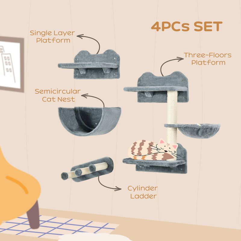Gray Feline Activity Center: Cat Wall Shelves with Platforms & Hammock