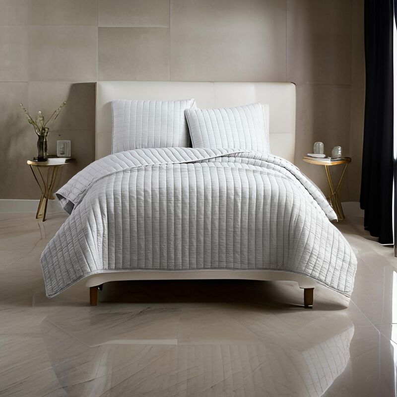 3 Piece Crinkle Queen Size Coverlet Set with Vertical Stitching,Light Gray-Benzara