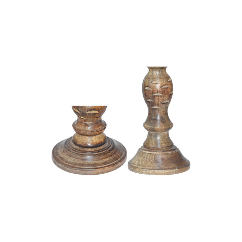Traditional Medium Burnt Eco-friendly Handmade Mango Wood Set Of Two 6" & 9" Pillar Candle Holder