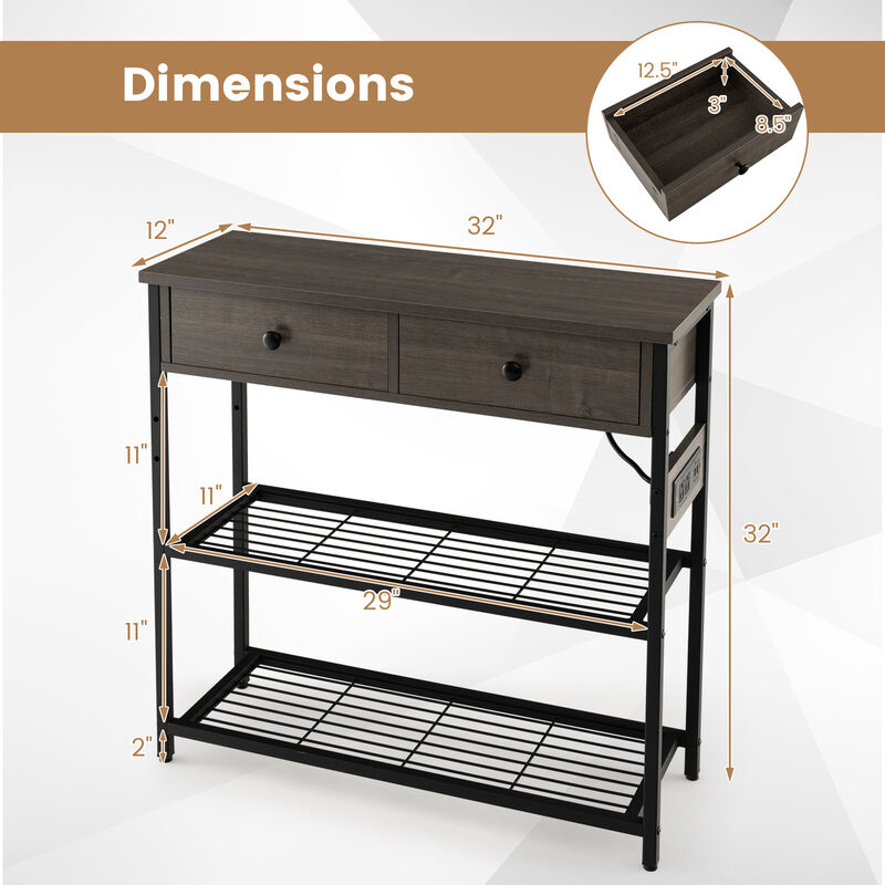 Narrow Console Table with 2 Drawers and 2 Metal Mesh Shelves