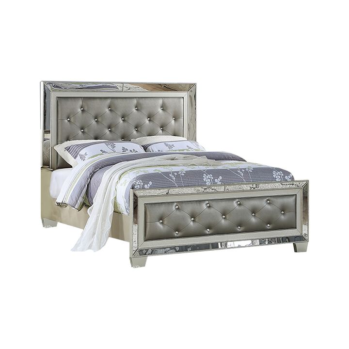 Reva King Bed, Mirror Inlaid, Button Tufted Gray Faux Leather Upholstery - Benzara