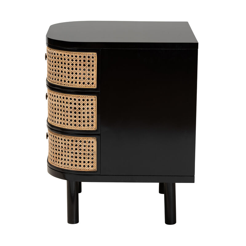 Bali & Pari Nabila Modern Black Bayur Wood and Natural Rattan 3-Drawer End Table Nightstand