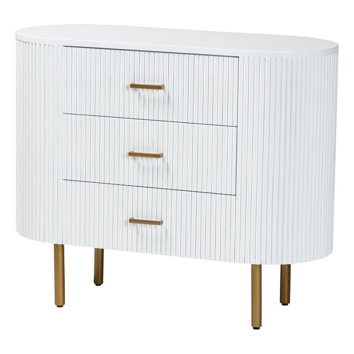 bali & pari Beyla Mid Century White Fluted Wood and Gold Metal 3 Drawer Dresser