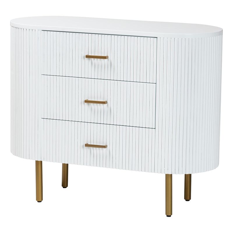 bali & pari Beyla Mid Century White Fluted Wood and Gold Metal 3 Drawer Dresser