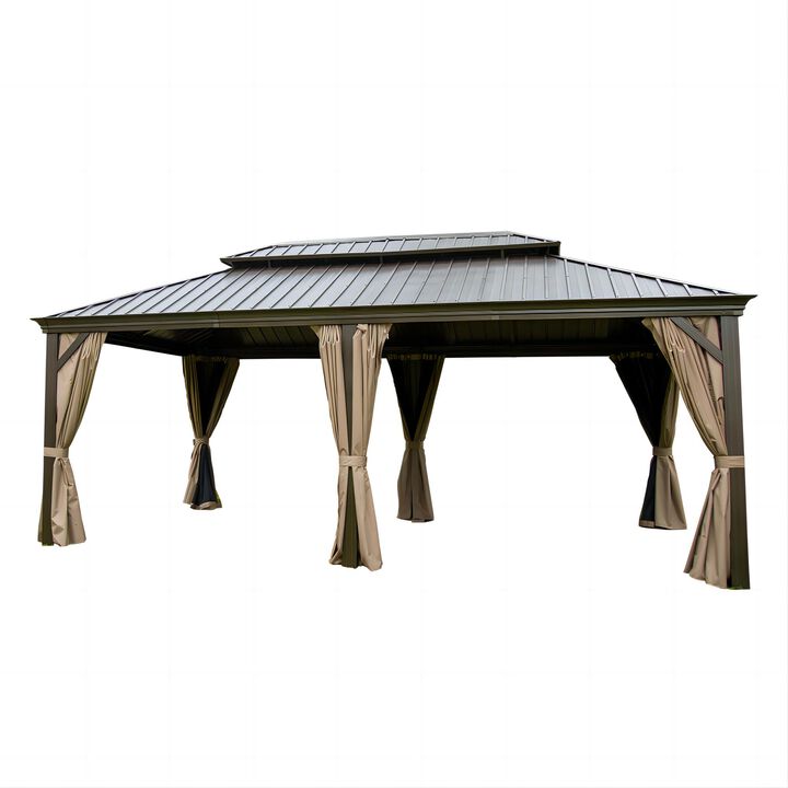 MONDAWE 12x20ft Hardtop Gazebo, Outdoor Aluminum Frame Canopy with Galvanized Steel Double Roof, Outdoor Permanent Metal Pavilion with Curtains and Netting for Patio,Backyard and Lawn (Brown)