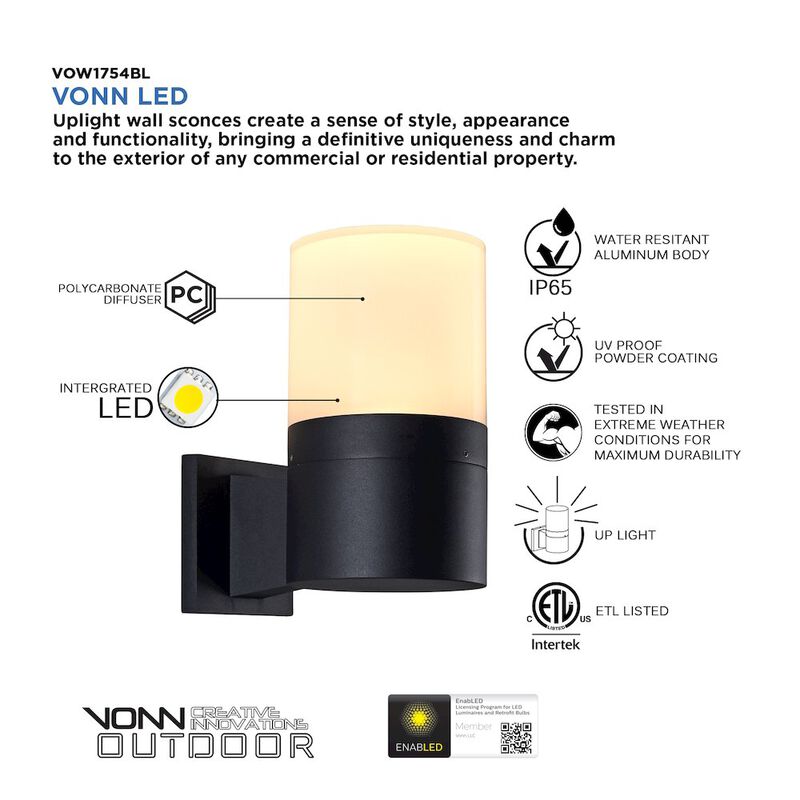 VONN Lighting Modern VOW1754BL 5-Watt Integrated LED Outdoor Wall Sconce in Matte Black