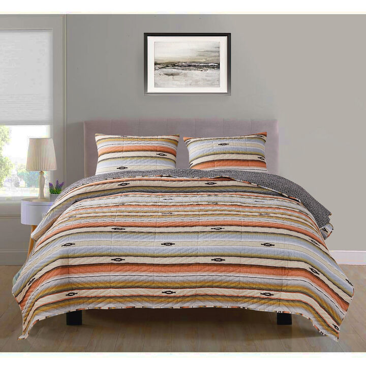 3 Piece Microfiber Full Size Quilt Set with Chevron Print, Multicolor - Benzara
