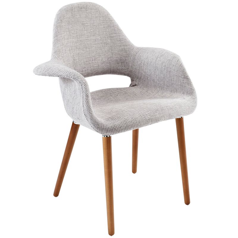 28 Inch Dining Armchair, Gray Fabric, Flared Design Arms, Beechwood Legs-Benzara