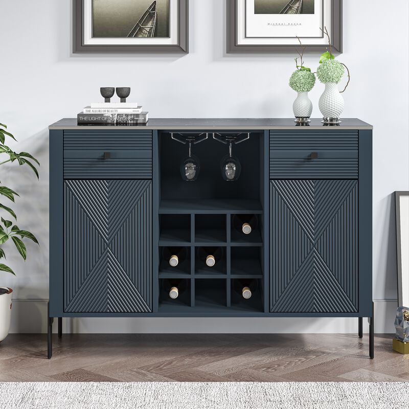 FESTIVO 42" Modern Wine Cabinet with Metal Glass Rack and Drawers